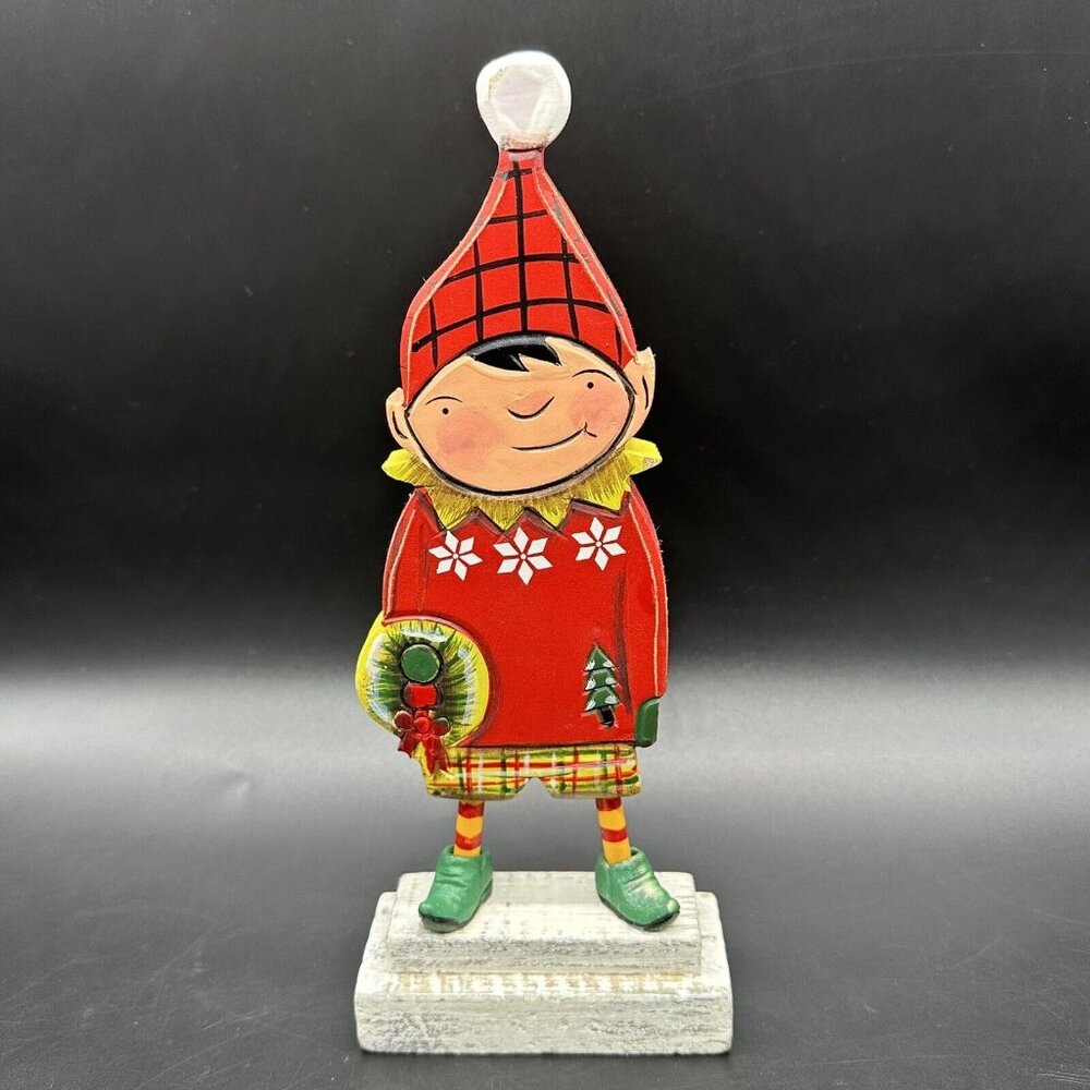 Christmas Elf Decoration Wood Figurine Laura Benge Freddy Wreath Pixie Kitsch - Picture 2 of 10